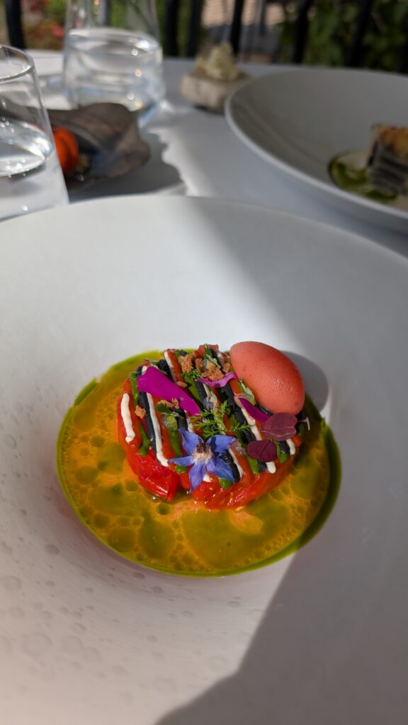 Entrée autour de la tomate, fleurs colorées, quenelle rouge et jus ponctué d’huile verte