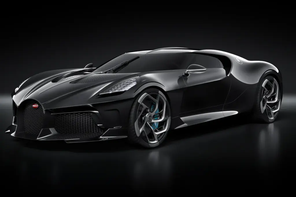 Bugatti La Voiture Noire en carbone noir vue de trois quarts avant sur fond sombre