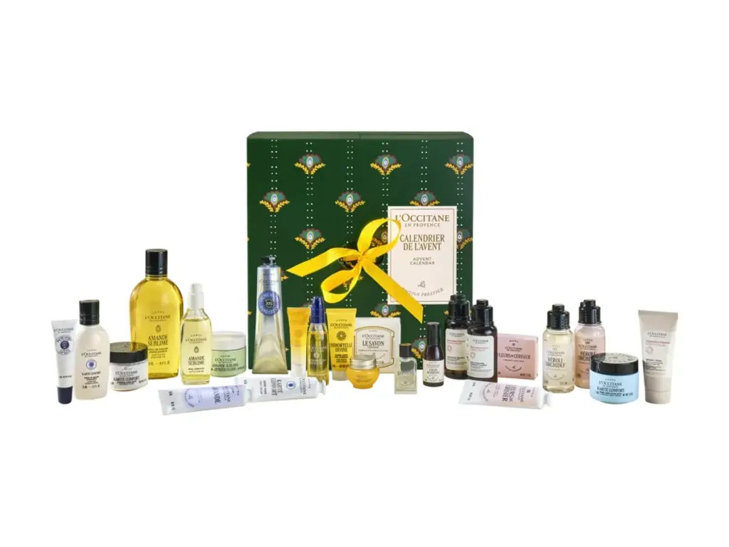 Calendrier de l’Avent L’Occitane en Provence Prestige 2026, coffret vert au ruban jaune et ses soins