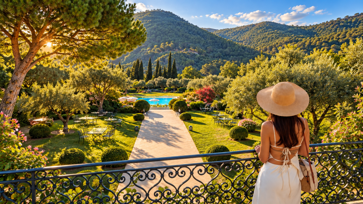 Aude au chapeau face aux jardins et à la piscine du Château Saint-Martin & Spa