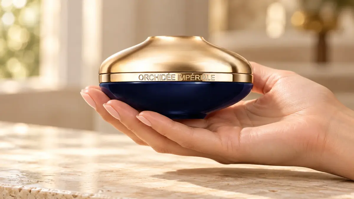 Pot de crème Guerlain Orchidée Impériale au couvercle doré et à la base bleu nuit, tenu dans le creux d’une main au-dessus d’un plan en marbre