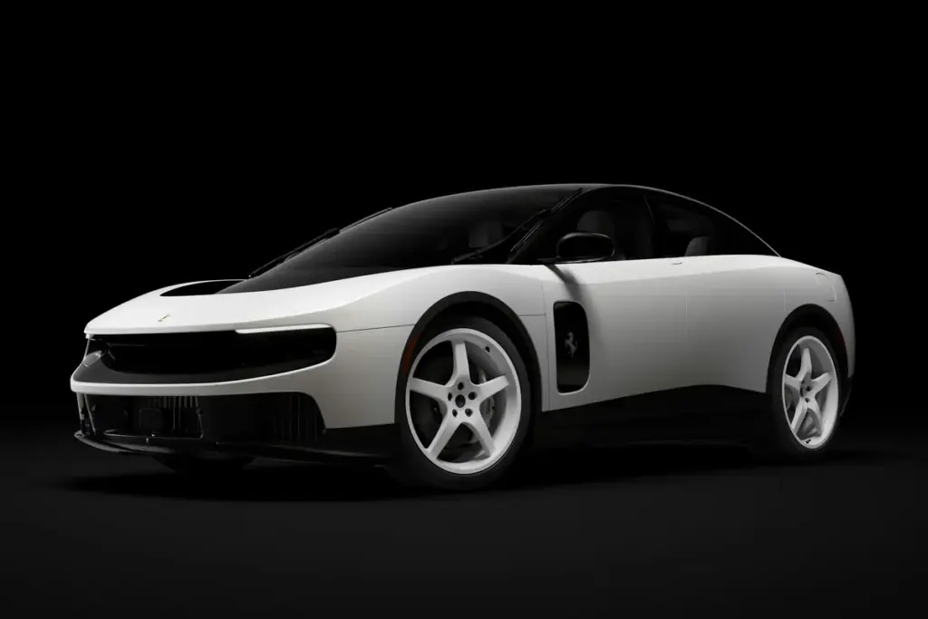 Ferrari Luce Tailor Made « Chassis 0 » blanc nacré vue de trois quarts avant sur fond noir