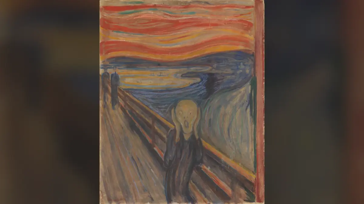 Le Cri d’Edvard Munch, personnage au visage ovale sur un pont sous un ciel rouge ondoyant