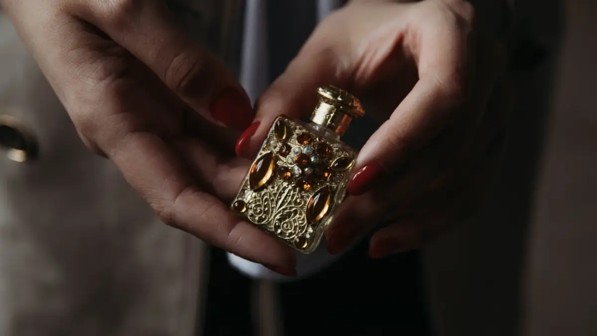 Mains aux ongles rouges tenant un flacon de parfum doré serti de pierres ambrées